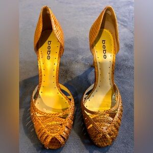 Vintage Bebe Gold Faux Snakeskin Open Toe High Heels
